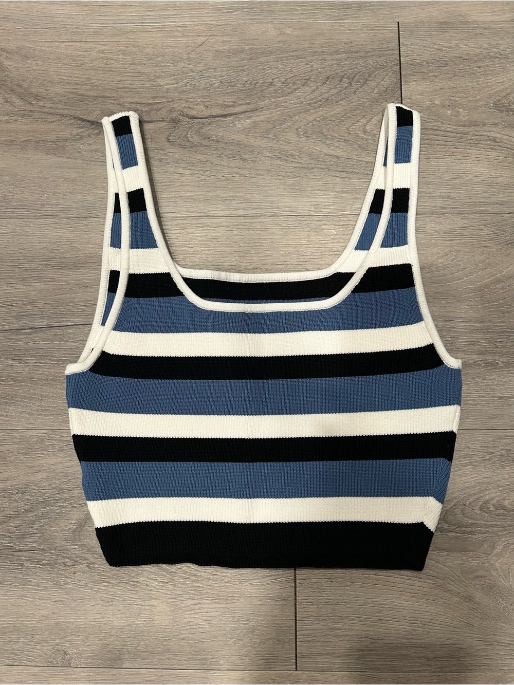 Babaton Blue, Black & White Striped Ribbed Crop Tank - Picture 3 of 3